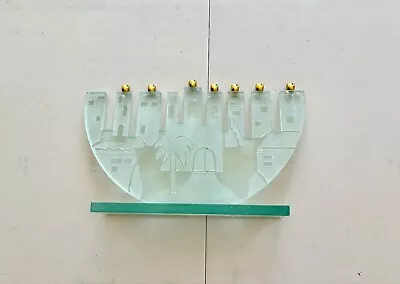 Frosted Glass Chanukiah Menorah Jerusalem Handmade Israel Judaica 13  W X 10” H • $25