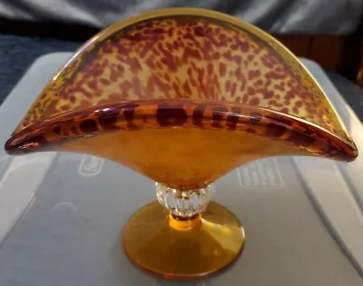 Beautiful Murano Amber Glass Folded Fruit Bowl With Pedestal • $36.99