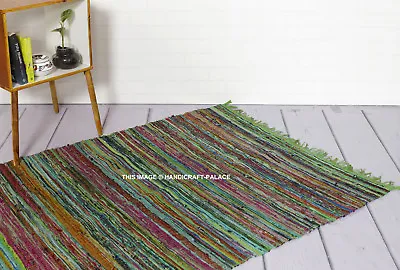 Fair Trade Loom Recycled Rag Rug Chindi Shabby Chic Woven Striped Mat Handmade • £34.79