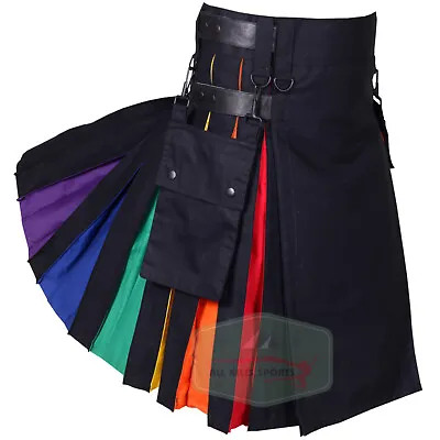 Active Men's Black Leather Straps Rainbow Utility Kilt • $74.97