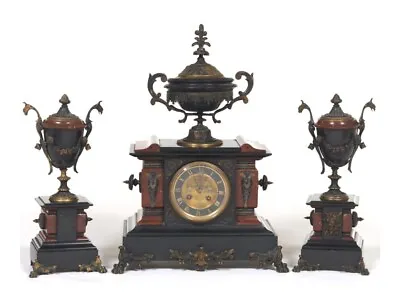 Antique Samuel Marti French Rouge Marble &Bronze  8 Day Mantle Clock Garniture • $799.99