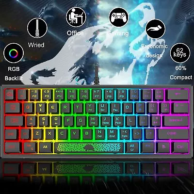 60% Gaming Keyboard Mini Rainbow RGB Backlit Ergonomic Mechanical Feel USB Wired • $32.99