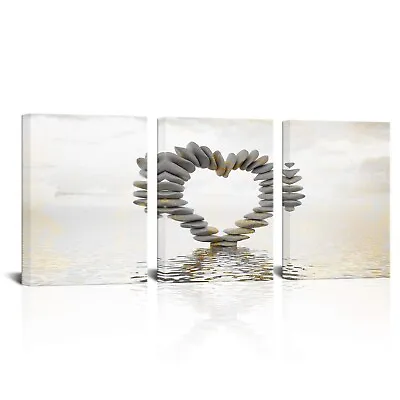 3 Piece Romantic Love Theme Bathroom Canvas Prints Beach Stone Heart Sharp Pi... • $66.48