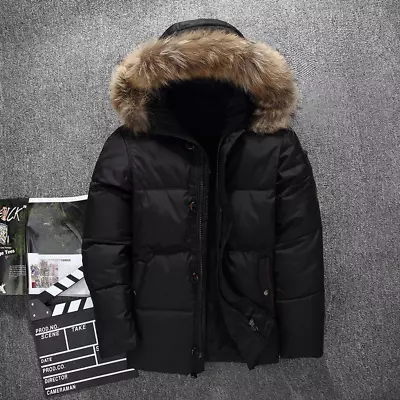 Mens Duck Down Coat Puff Winter Warm Thicken Parka Jacket Faux Fur Collar Hooded • $68.84