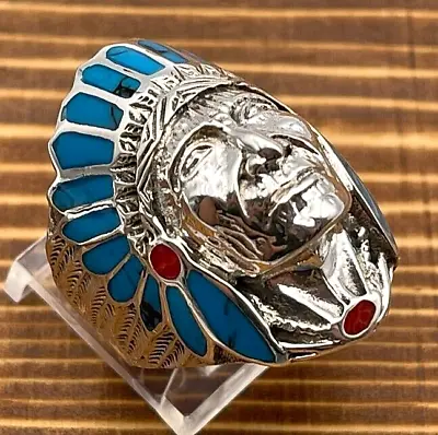 £53.19 • Buy Mens Indian Head Inlaid Sterling Silver 925 Ring 13g SZ12 LAB186f