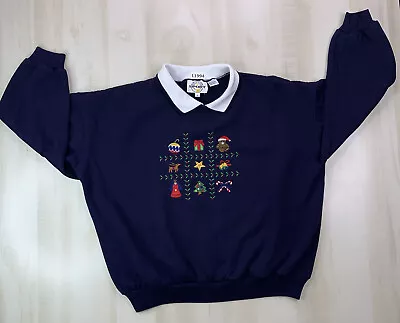 Vintage 90s Collar Navy Blue Embriodered Christmas Sweater Grandma Style 1X- • $15.50