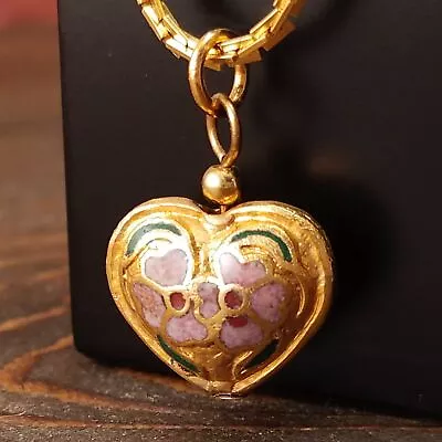 Vintage Jewelry Gold Plated Puffy Heart Charm Necklace Cloisonne Pendant • $34.99