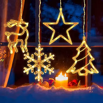 $19.59 • Buy 4 Pcs Christmas Window Lights, Warm LED With Suction Cup, Xmas Tree, Snowflake