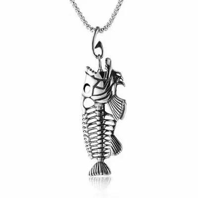 MOYON Mens Fishing Fish Bone Skeleton Hook Necklace Pendant Stainless Steel Men • $10.99