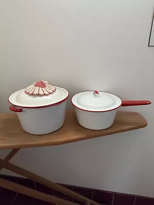 Vintage Enamel Ware Red Ahd White Trim  TWO Pots With Lids PLUS POT HOLDER • $23.50