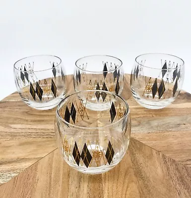 Vintage Set Of 4 MCM Roly Poly Harlequin Black & Gold Atomic Barware Glasses • $42.99