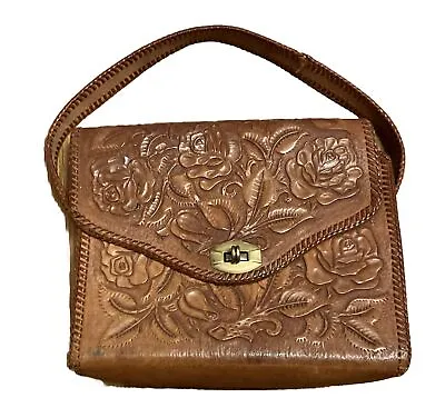 Vintage Hand Tooled Western Floral Roses Brown Leather Boho Hippie Handbag • $30