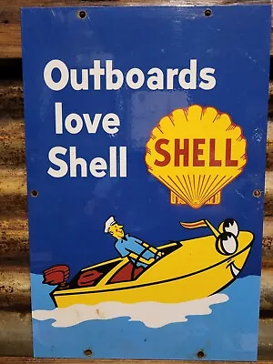 Vintage Shell Porcelain Sign Boat Outboard Motor Gas Oil Service Marina Marine • $180.35