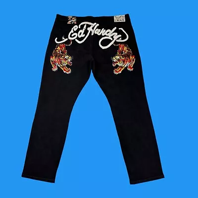 Ed Hardy Jeans Mens Size 42x32  Slim Straight Stretch Roaring Tigers Black Denim • $69.98