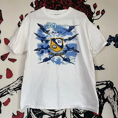 VTG 90s US Navy BLUE ANGELS 50th Anniversary Shirt Marines Top Gun Military L • $19.93