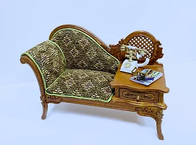 Dollhouse Miniature Wooden Walnut Gossip Bench With Antique Telephone & Book • $69.99
