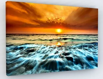 £38.85 • Buy Stunning Sunset Beach Wave Canvas Picture Print Chunky Frame Large 