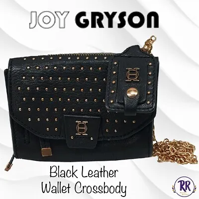 Joy Gryson Black Leather Gold Studs 2 Compt. Wallet Crossbody Mirror Bag Charm • $17.75