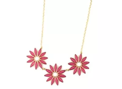 Gold And Pink Three Daisy Mums Flowers Chain Necklace • £3.49