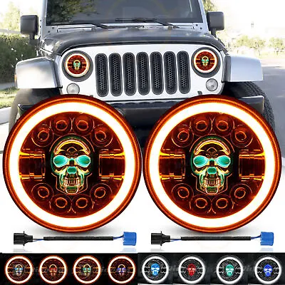 2x 7  Inch Round RGB Skull LED Headlights Halo DRL For Jeep Wrangler JK LJ TJ CJ • £33.99