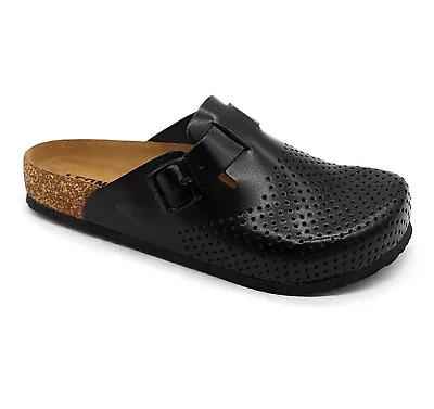 LEON 4700 Leather Slip On Mules Clogs Sandals Slippers Shoes Mens Black • £53.09