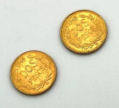 (2x) 1945 Mexican 22k Yellow Gold Dos Pesos Gold Coins Combined 3.4 Grams (MiM) • $389.99