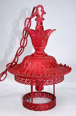 Antique Cast Iron Light Medieval Gothic Hanging Lantern Red Bordello Fixture Vtg • $89.99