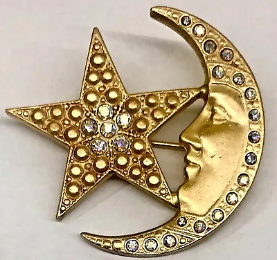 Moon And Star Rhinestones Costume Jewelry Brooch Pin Gold Tone  Women's Fashion • $21.75