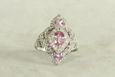 Super Vintage Ornate Platinum 15 Pink Sapphires 78 Diamonds Deco Ring Size 7-1 4 • $1