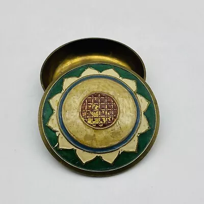 Vintage Circular Trinket Box Gold Tone With Green Accents • $17.60