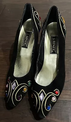 Vintage J. Renee Women's Suede Black Heels Pumps With Multi-color Faux Jewels 10 • $26.99