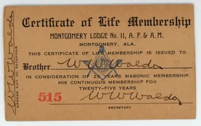 Antique Certificate Of Life Membership Montgomery AL Lodge 11 Freemason Masonic • $19.95