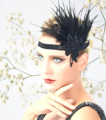 1920s Headband Beaded Black Feather Headpiece Flapper Great Gatsby Party 20s • $9.99