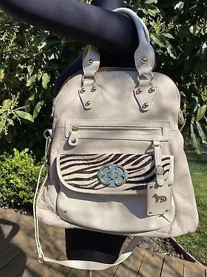 $35 • Buy Emma Fox Cream Leather Handbag Satchel Fold Over Hair On Hide Zebra Gold X-body