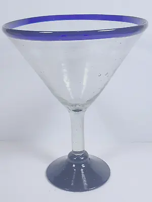 JUMBO 8inch Hand-Blown HECHO EN Mexican Glass Blue Rim Margarita/Martini Glasses • $19.99