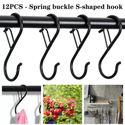 12Pcs S Hooks 3.5  S Shaped Hooks W/ Safety Buckle Heavy Duty Black Closet .t • $15.29