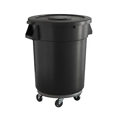 Commercial Round Plastic Trash Can With Lid And Dolly 32 Gallon Black • $169.99