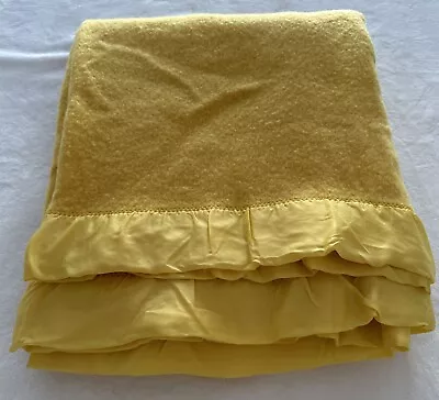 VINTAGE Satin Edge 100% Pure Wool Blanket Golden Yellow St Mary’s Ohio 68x80 • $39.99