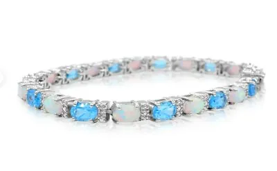 925 Sterling Silver Genuine Fire Opal With Blue Zirconia Tennis Bracelet Jewelry • $134.74