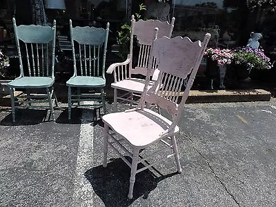 Antique Shabby Chic Pressed Back Chairs 3 Sides & One Arm Ptd Pale Pink & Blue • $450