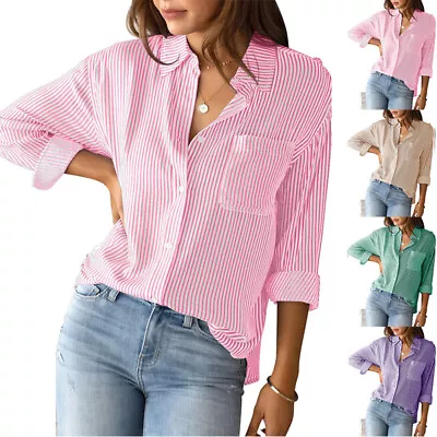 UK Holiday Ladies Button T-shirt Casual Work Tops Striped Long Sleeve Blouse Tee • £11.99
