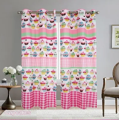 Boys Girls Kids Teens Pink Cup Cakes/Cupcakes 2 Panel Metal Grommets Curtain Set • $19.95