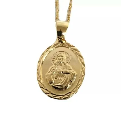 18k Gold Plated Sacred Heart Jesus Christ Medal Catholic Pendant Necklace 20  • $18