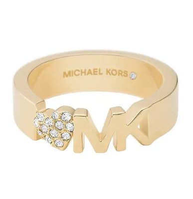 MICHAEL KORS Gold Tone MK Logo Pave Heart Band Ring MKJ7978710 MKJ7978 Sz 7 NEW • $49.50