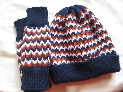 Womens Fair Isle Style Hand  Knitted  Beanie Style Hat And Wrist Warmers • £14