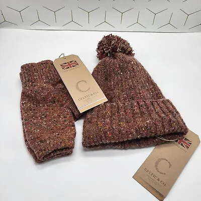 Celtic & Co Donegal Hat & Gloves Set Fingerless Mitts Rust Brown Wool BNWT NEW • £49.99