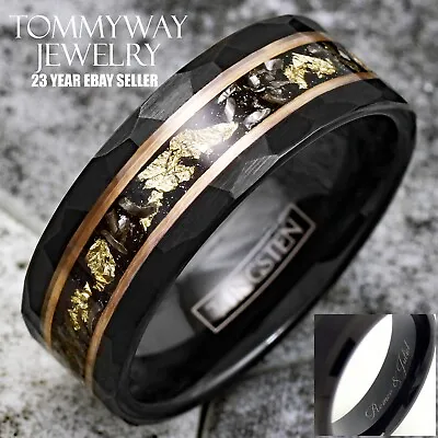 Personalized Engraved Black Tungsten Rose Gold Stripe 24K Gold Foil Band Ring • $39.99