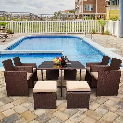 9 Piece Dining Table Set W / Chairs / Stool / Cushions Kitchen Rattan Furniture • $379.99