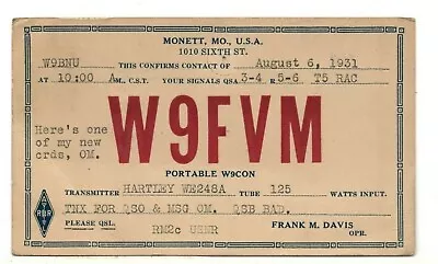 1931 QSL: W9FVM – Frank M. Davis – Monett Missouri – Monett MO Postmark • $4.95