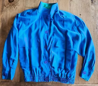 Vintage 1980s Womens Garfinckels Silk Jacket Royal Blue Green Shoulder Pads M • $8.49